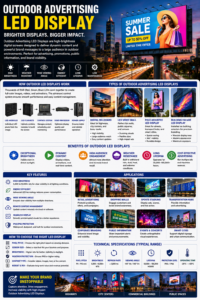 Outdoor advertising LED display showing digital billboard screens, roadside advertising, high-brightness LED technology, and commercial marketing applications.