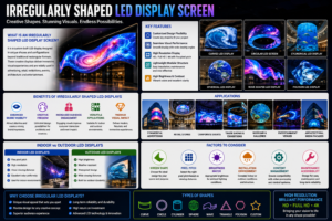 Irregularly shaped LED display screen featuring curved, circular, cylindrical, and creative custom LED designs for advertising, events, and architectural installations.