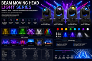 Beam moving head light series featuring high-intensity stage lighting, DMX-controlled moving head fixtures, prism effects, gobos, and concert lighting applications.