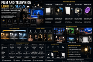 Film and Television Lighting Series featuring professional LED studio lights, broadcast lighting systems, film production equipment, high CRI illumination, and television studio applications.