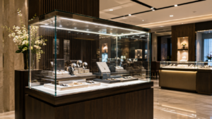 Modern LED display case showcasing products in a retail environment