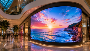 Flexible LED display wrapped around a curved structure showing vibrant digital content